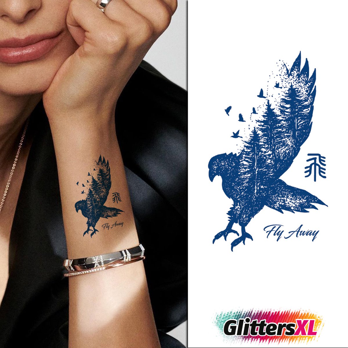 GlittersXL - Temporary Tattoo Vogel Adelaar (6x6 cm) [Semi-Permanente Neptattoo - Tijdelijke tatoeage - Nep Fake Tattoos - Water overdraagbare festival sticker henna outfit tattoo - Glitter tattoo - Volwassenen Kinderen Jongen Meisje]